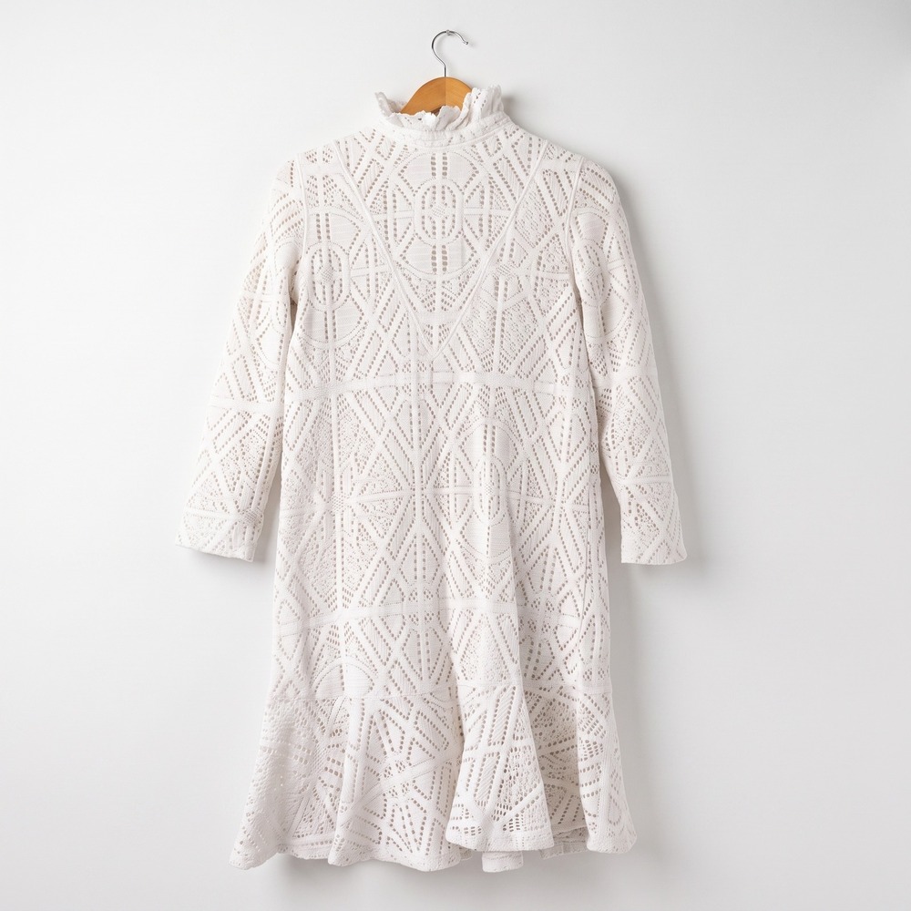 See By Chloe White Crochet Lace Ruffle Neck Dress Large Boho Romantic Feminine
